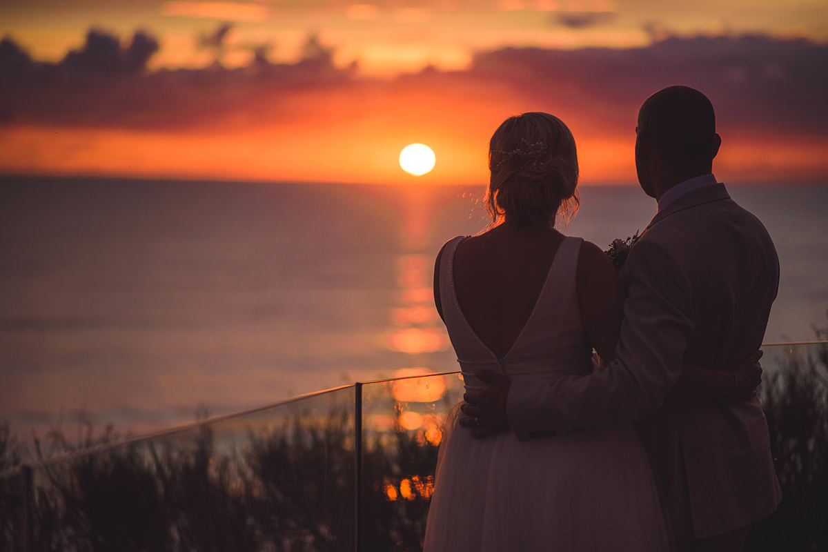 Watergate Bay sunset wedding photo